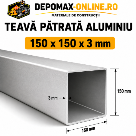 Teava patrata aluminiu 150 x 150 x 3 mm, 6 metri (EN AW-6060)